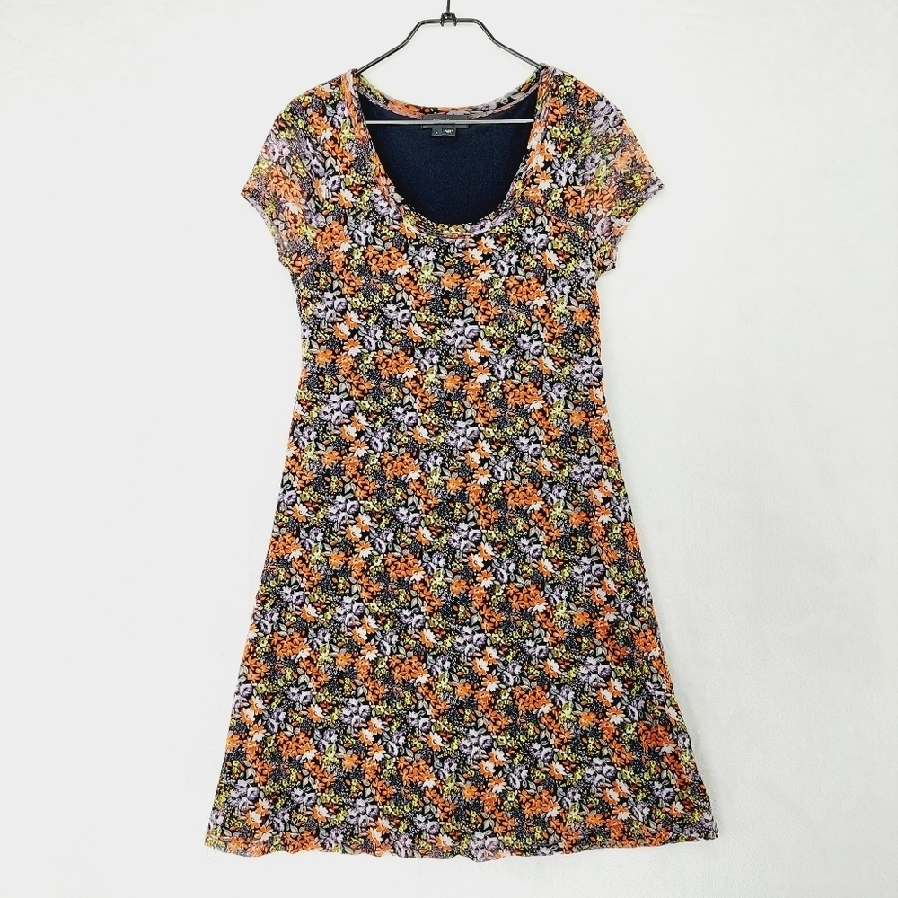 Karen Kane Black Floral Cap Sort Sleeve Summer Crew Neck Mini Dress P2691